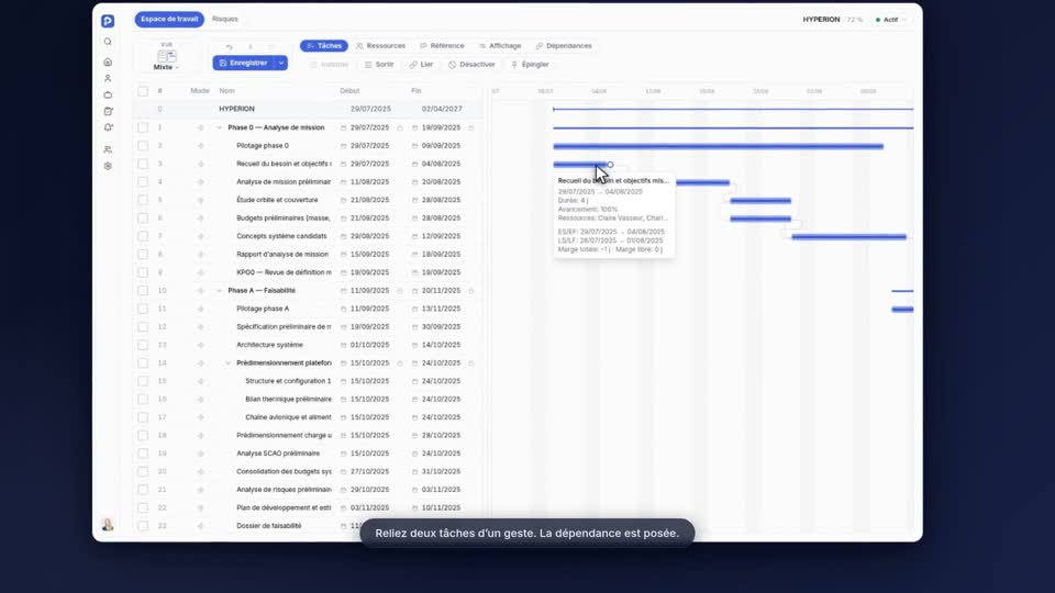 L'infobulle d'une tâche dans le Gantt de Plannava, avec sa marge totale et sa marge libre.